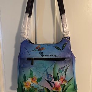 Anuschka Hand Painted Leather Satchel W/Wallet Midnight Peacock  NEW